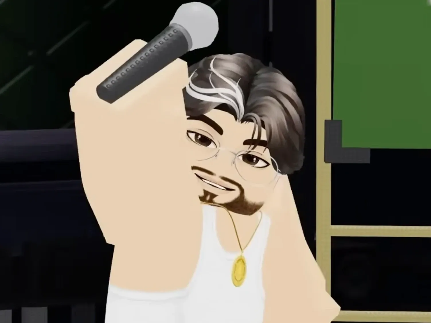bbno$ close up on stage, mic raised, mid-show