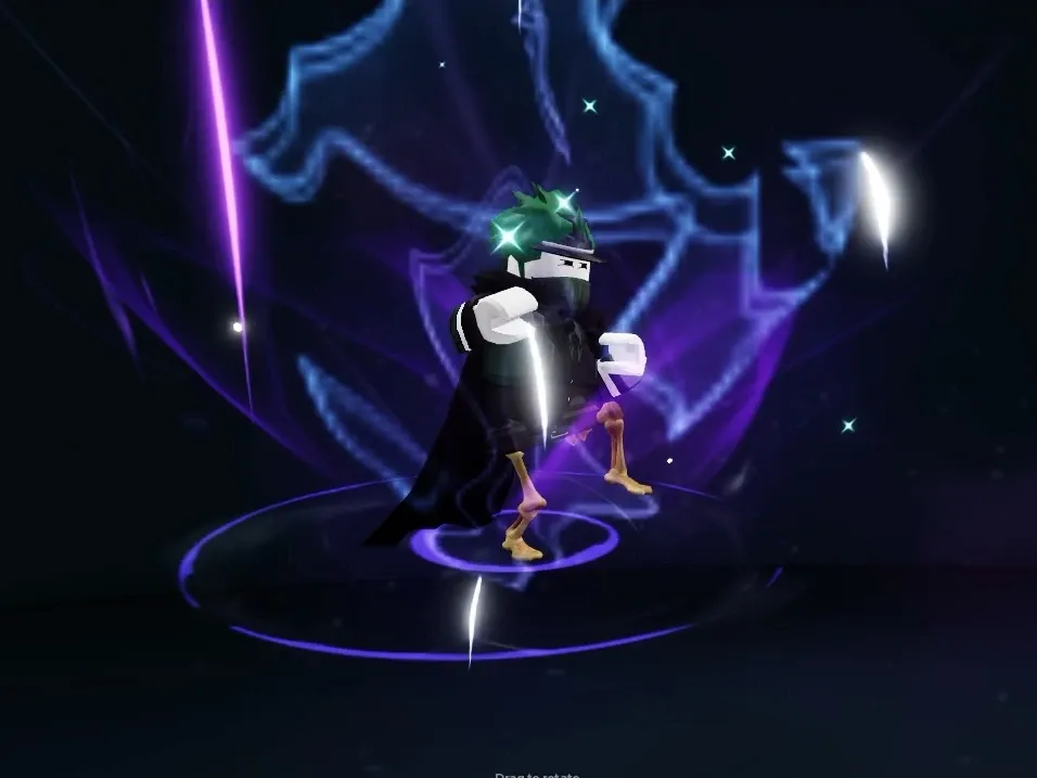 Inside the builder: the avatar crouched inside a purple arc of light, white sparks in the air