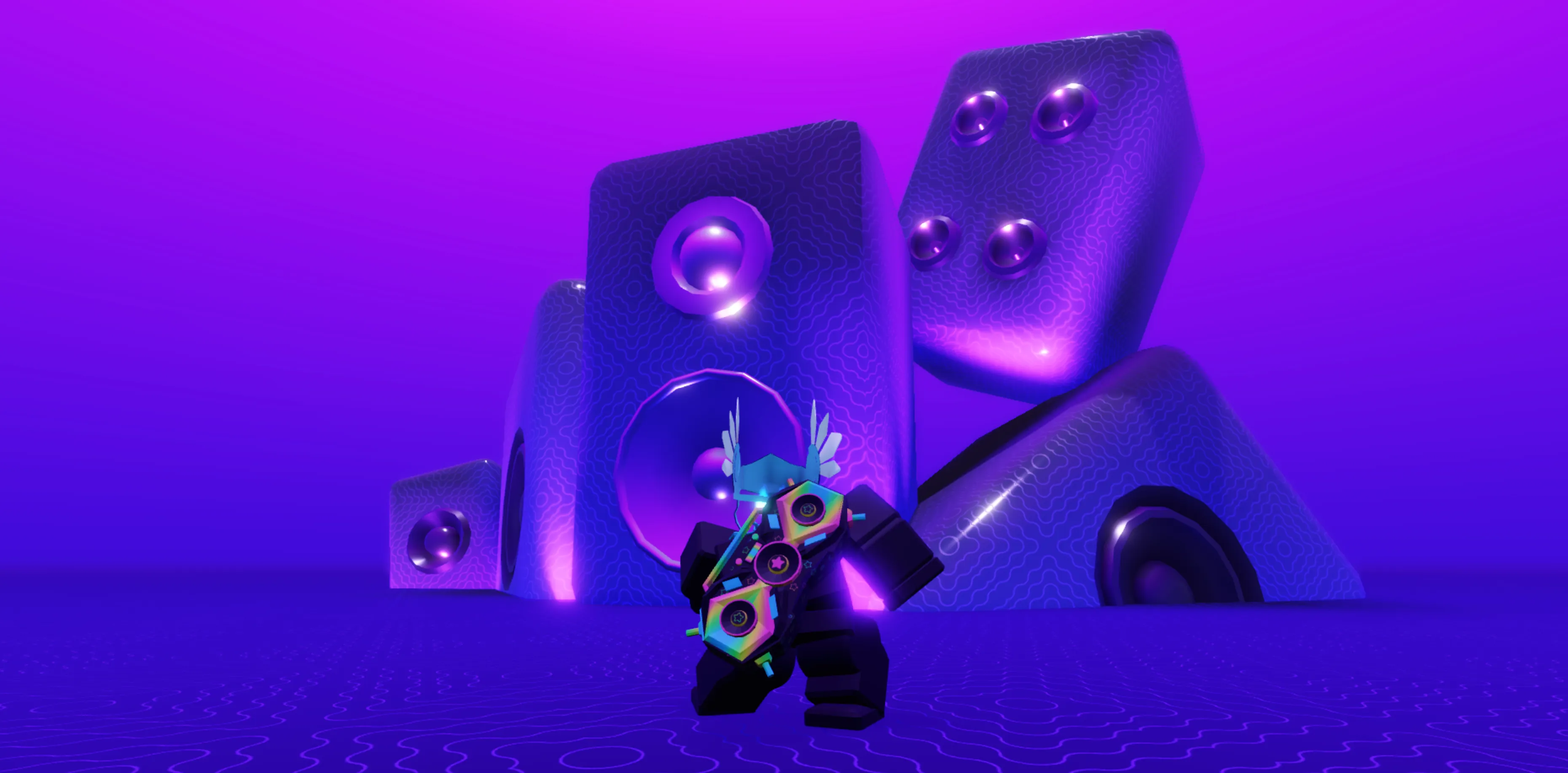 A Roblox avatar carrying a Boombox in front of a towering purple speaker installation