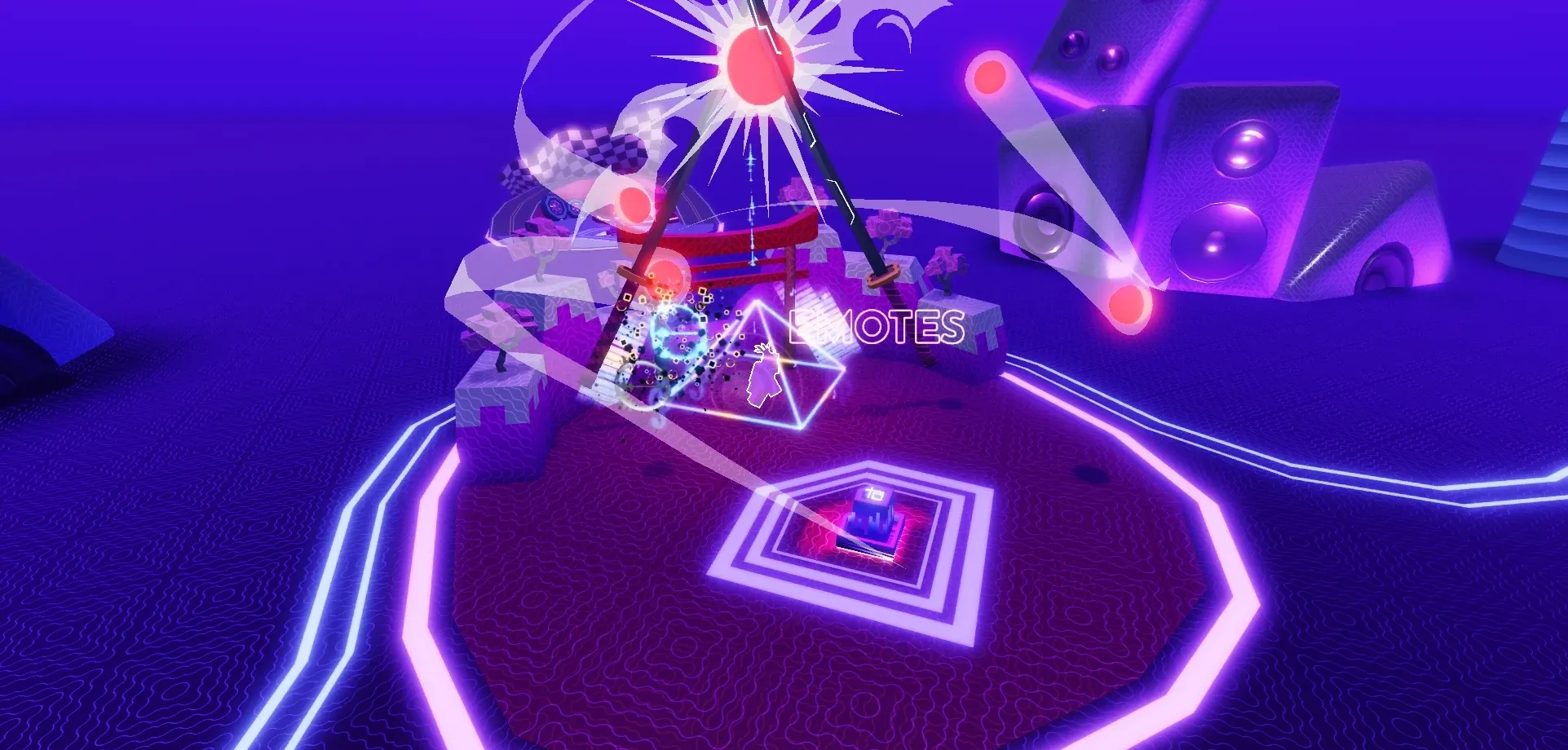 The Emotes pad in the hub: a red torii gate, crossed katanas and a rising sun over a neon-ringed floor