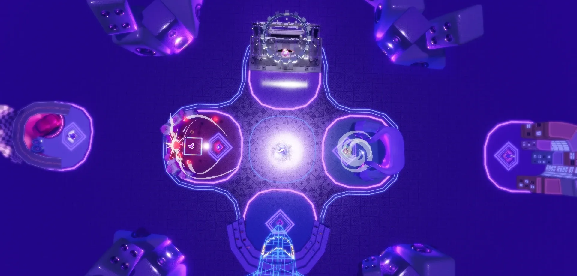 The hub from directly above: four neon pads around a central floor, the stage at the top and the wireframe shark below