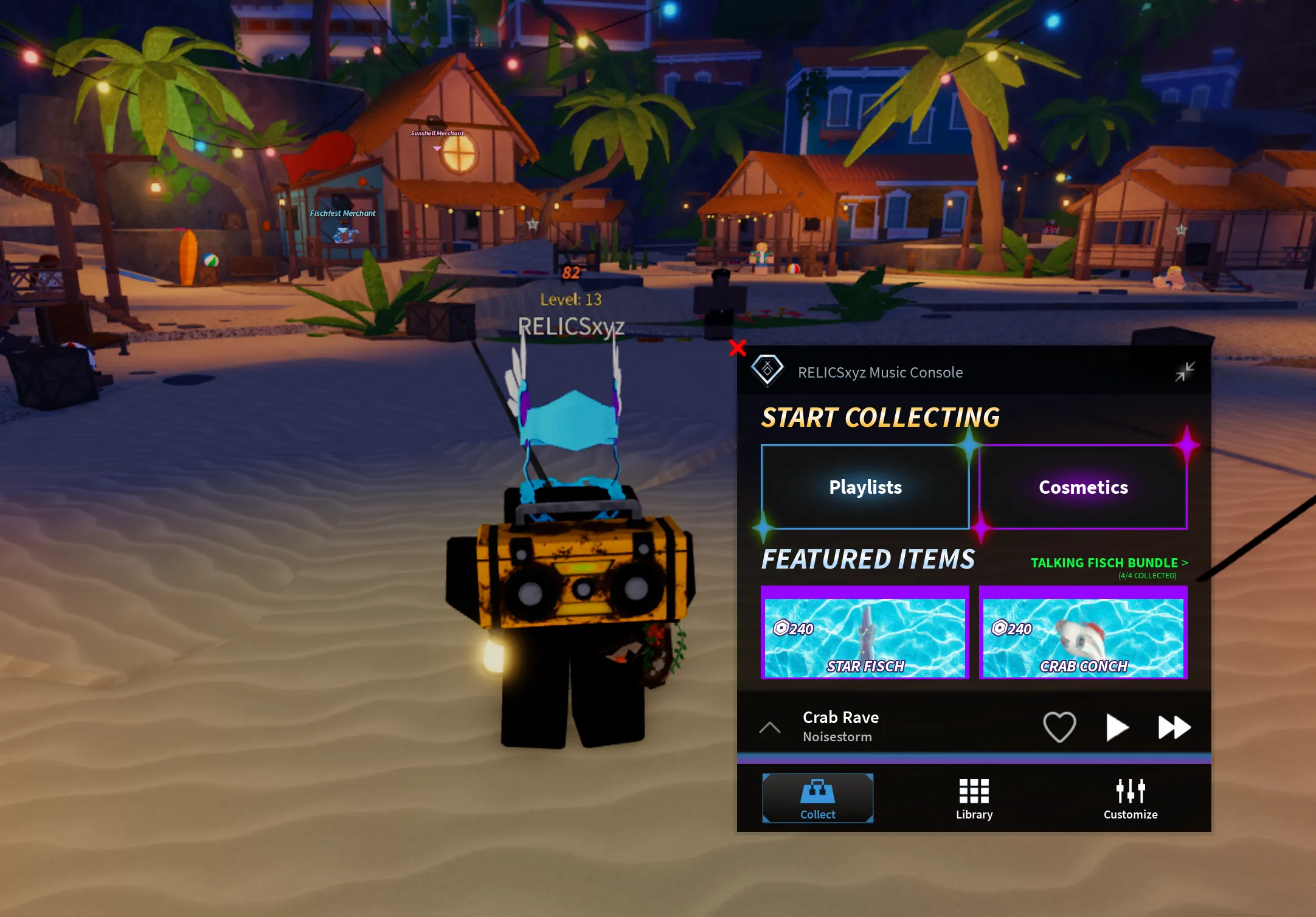 A Roblox avatar wearing a Boombox beside the RELICS music console in a tropical game world