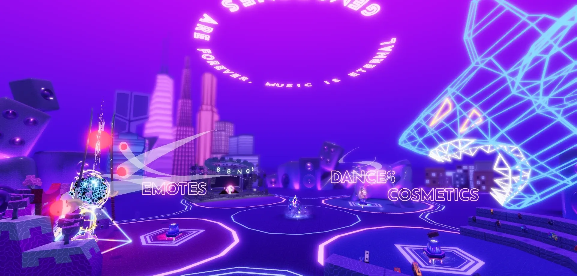 Ground level in the hub: the Emotes, Dances and Cosmetics pads, the stage and a city skyline behind, a wireframe shark overhead