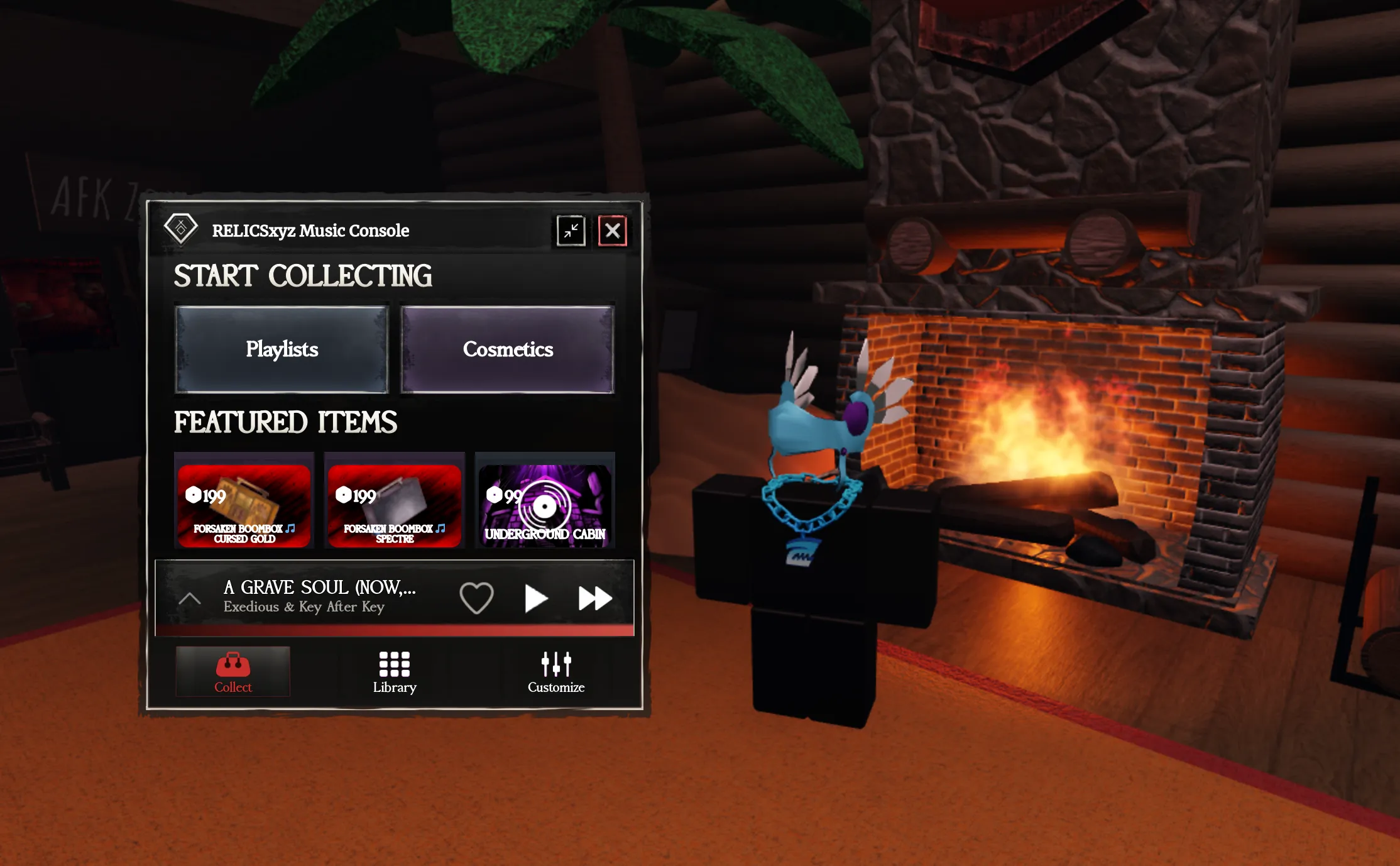 A Roblox avatar wearing a Boombox beside a custom RELICS music console and fireplace