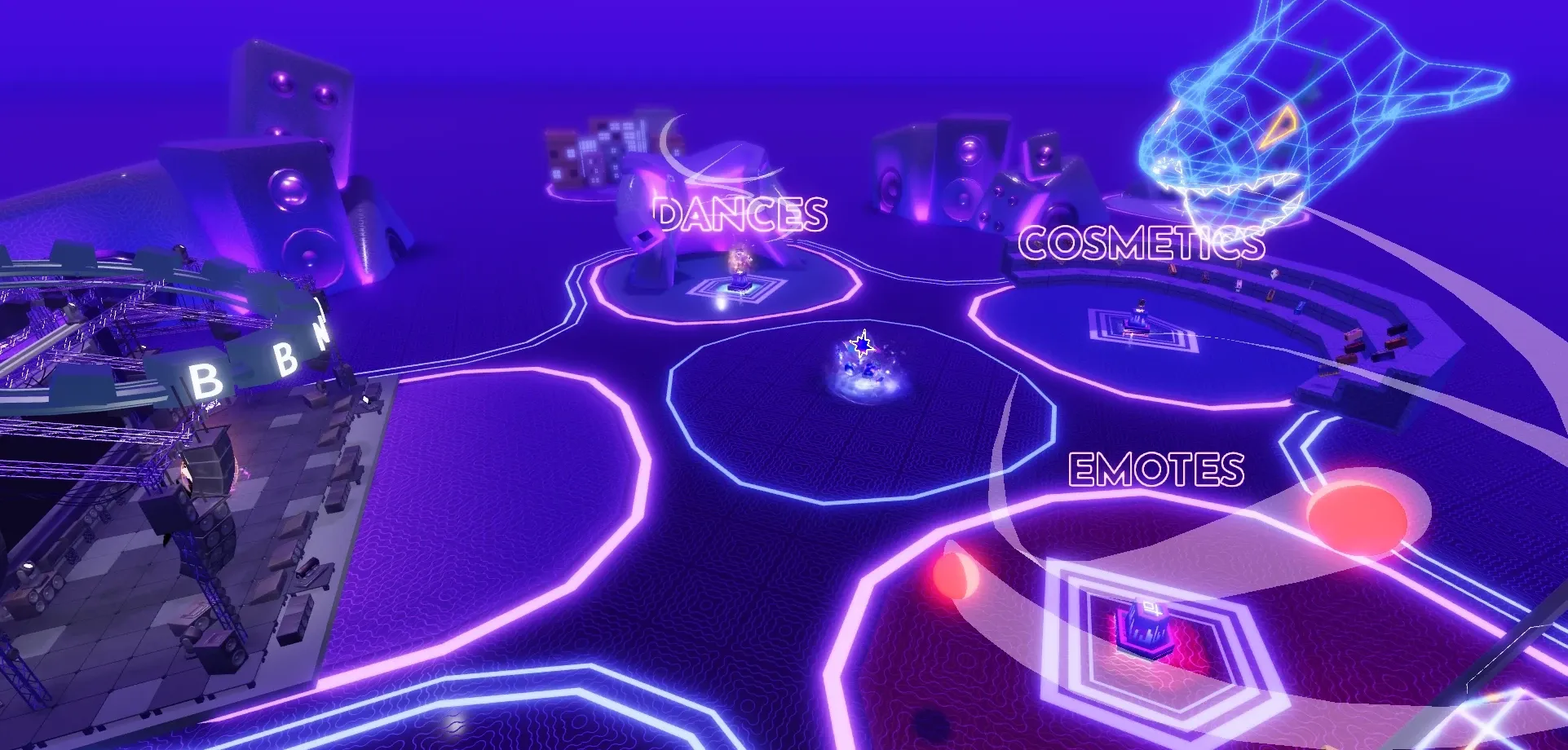 The hub floor from the stage side: the Dances, Cosmetics and Emotes pads ringed in neon, the stage rig at the left